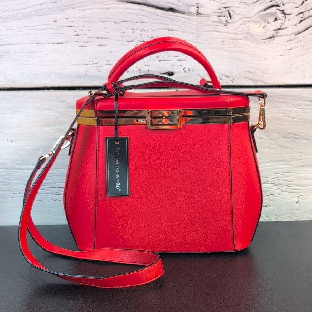 La Terre Fashion Red Vegan Leather Structured Handbag with Gold Trim